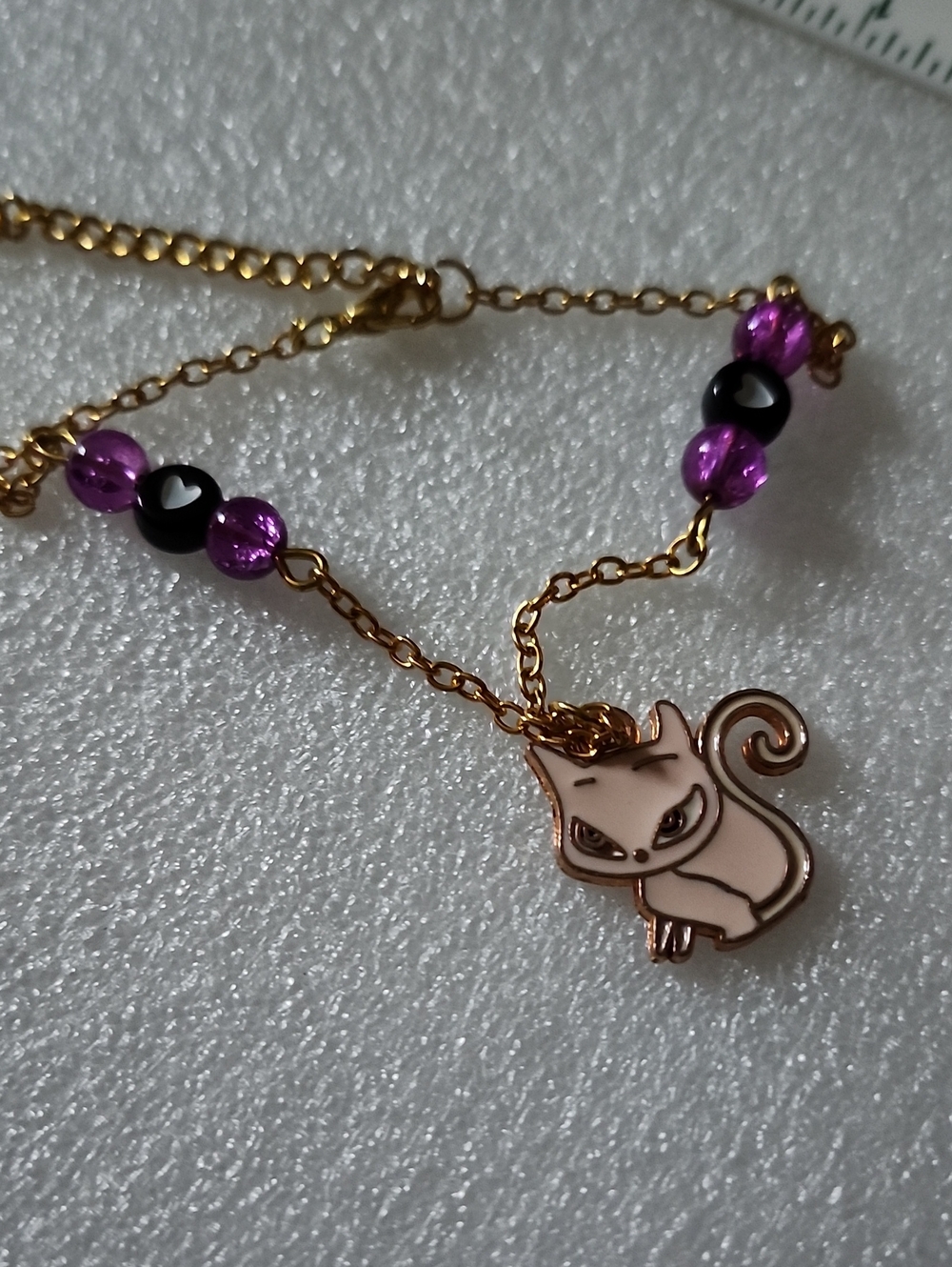 Hand Crafted Gold-Tone Bracelet / Anklet Purple and Black Beads and Cat Charm